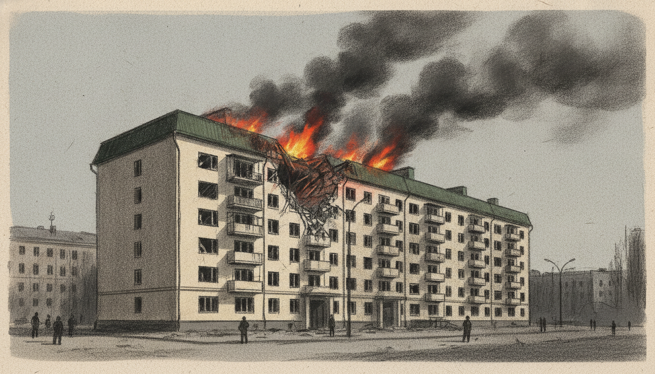 Damaged residential building in Kyiv's Shevchenkivskyi district after a ballistic missile strike (mid‑August 2026)
