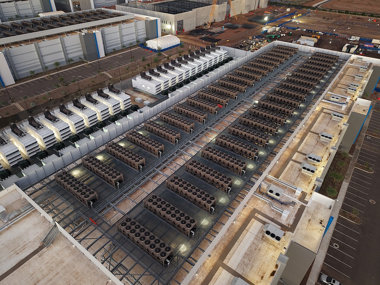Aerial view of a large data centre — the physical infrastructure behind AI search
